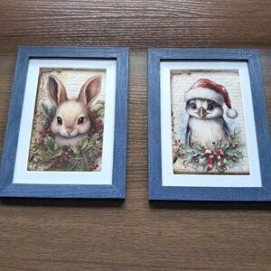 Pair of 5 X 7 Christmas Critters - Bunny & Penguin in Denim blue wooden frames.